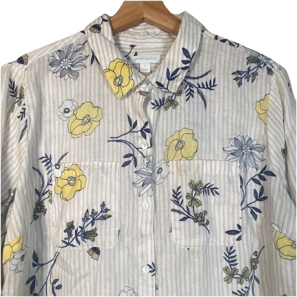 Charter Club Blue Yellow Floral Linen Button Down Shirt Size L Lagenlook Cottage - Picture 4 of 10